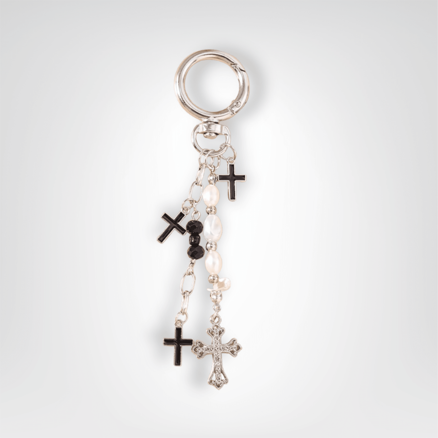 Porte - clé Perle <br> Les croix élégantes - Noir et argent