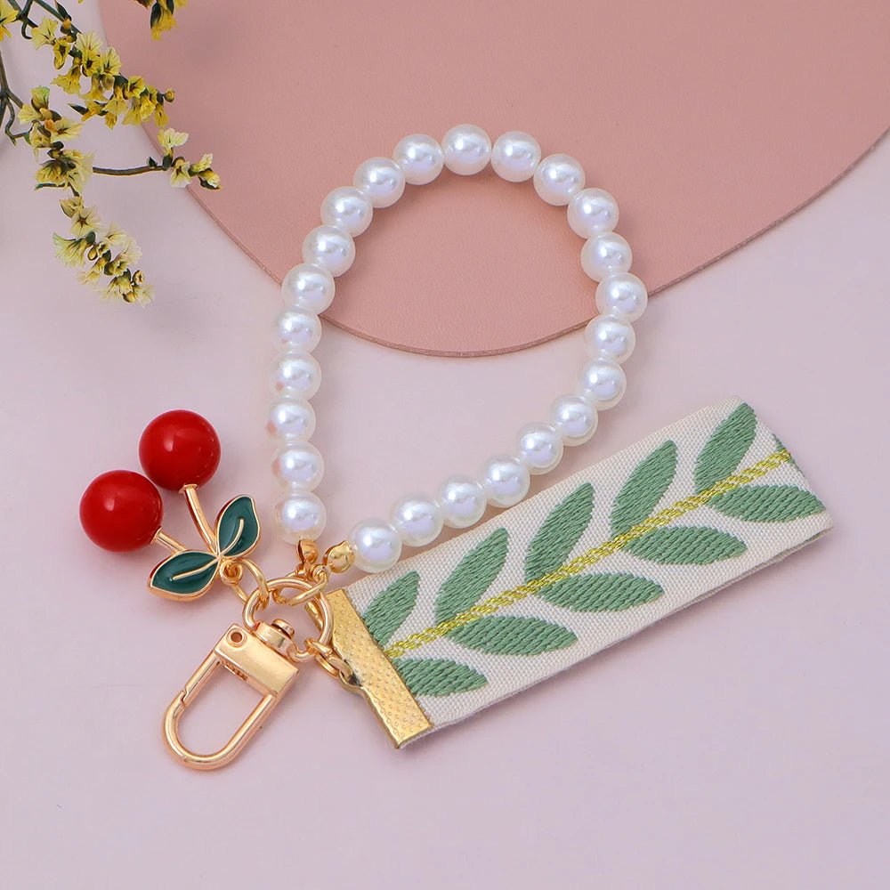 Porte - clés Bijou <br> Le Floral vert & cerise - Vert