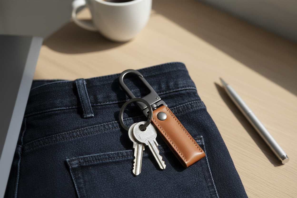 "Chaque porte-clé Cleorium est choisi pour son design, sa finition et sa fiabilité à l’usage, afin d’accompagner le quotidien avec élégance, bien au-delà de l’instant cadeau."   minimaliste, sans texte