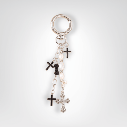 Porte - clé Perle <br> Les croix élégantes - Noir et argent