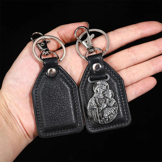 Porte - clés Cuir <br> La Vierge et l’Enfant argenté - Argenté