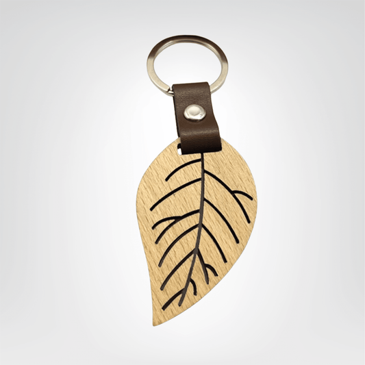Porte - clés Naturels <br> Feuille de Bois & Lanière Cuir - Bois
