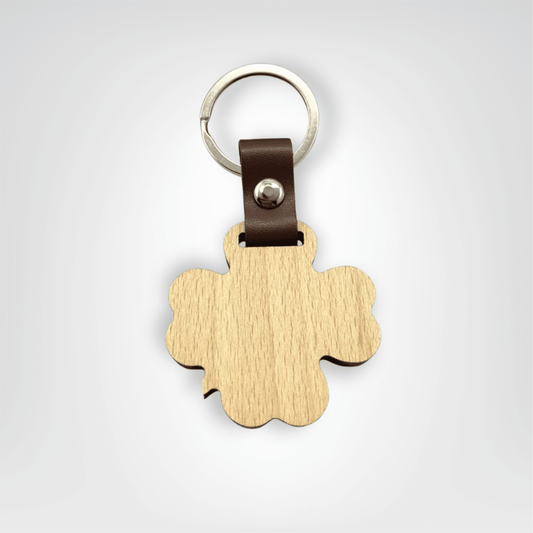 Porte - clés Naturels <br> Trèfle de Bois & Lanière Cuir - Bois