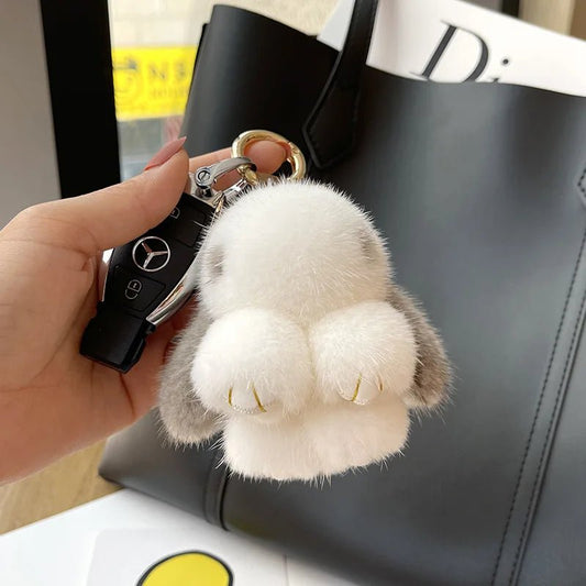 Porte - clés Peluches <br> Le Lapin Oreilles Brunes - Blanc et brun